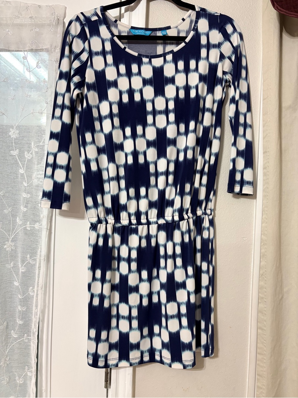 Tori Richard Navy and White Long Sleeve Elastic Waist Dress